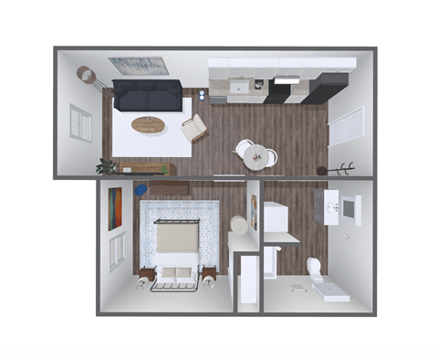 Floor plan for 1 bed, 1 bath, 696 sqft